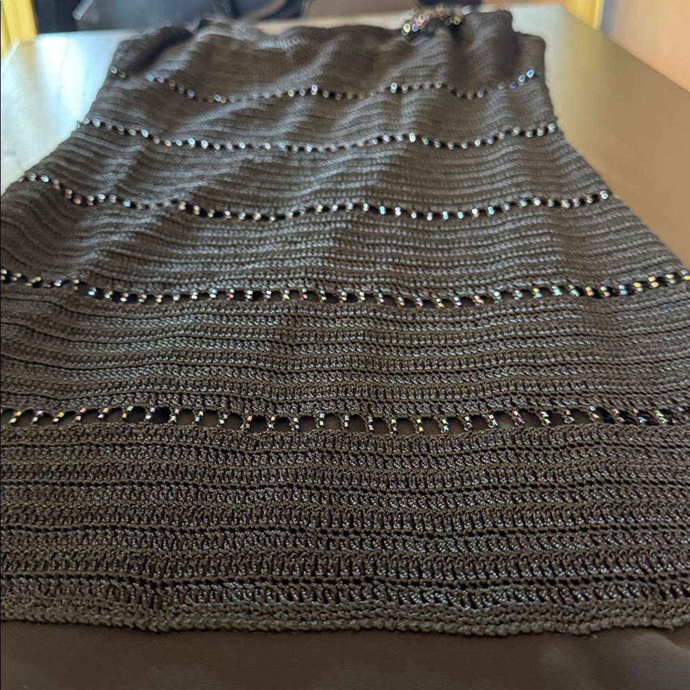 Vintage Caché Black Crochet Beaded Dress Sz 8 Whimsigoth Y2K Asymmetrical Midi - Picture 17 of 17